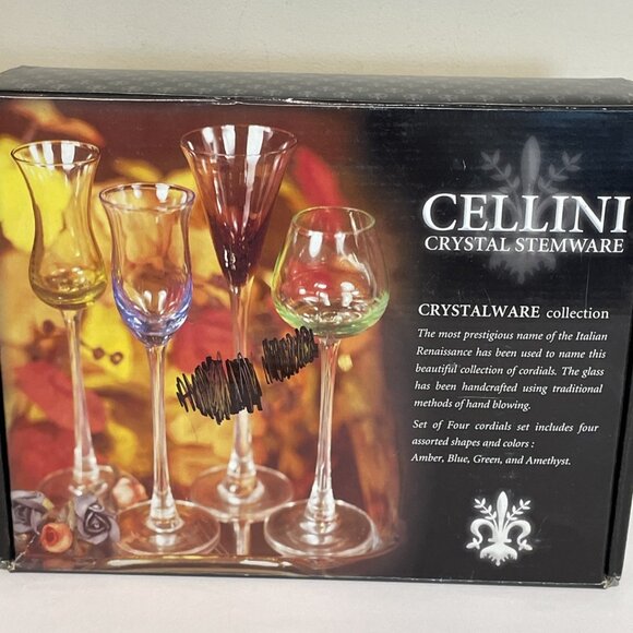 4 Cellini Crystal Stemware Italy Cordial Glasses Handblown Long Stem Multicolor - Picture 11 of 11